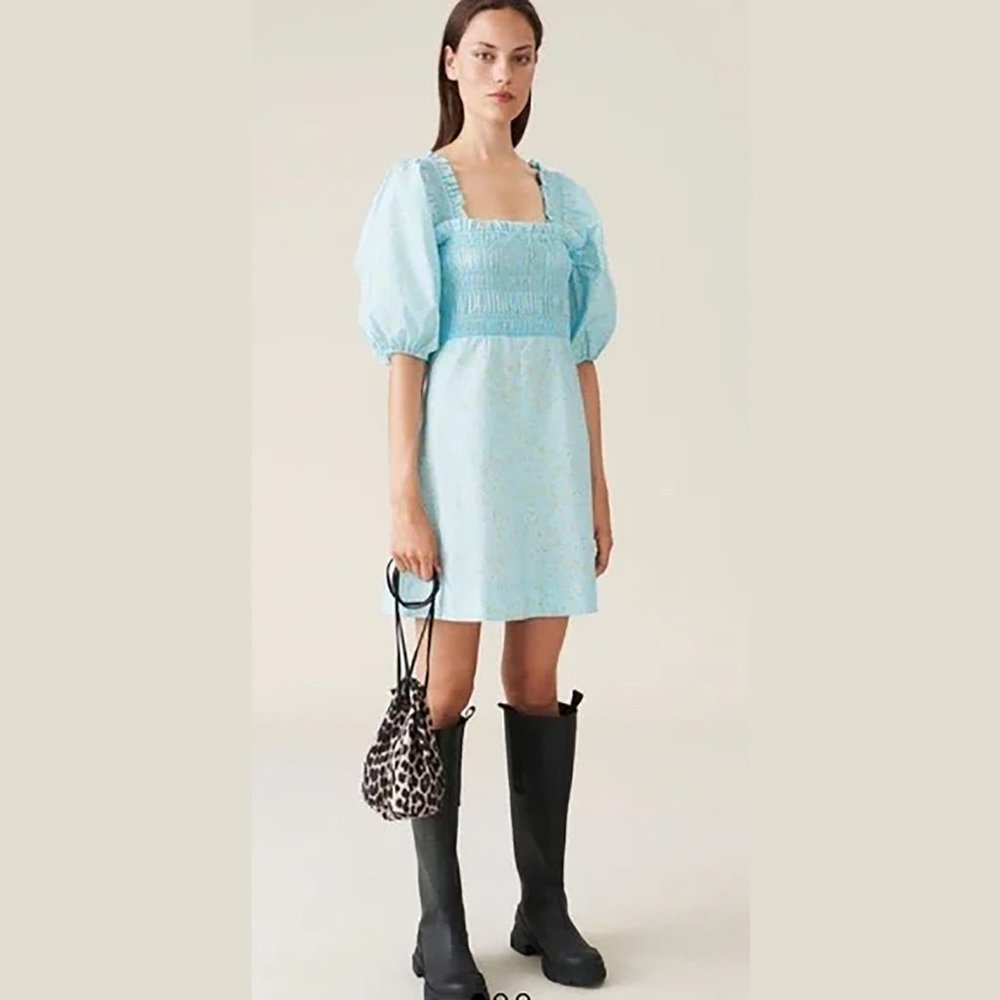 Ganni Floral Puff Sleeve Organic Cotton Poplin Mini Dress Women's 2 Blue